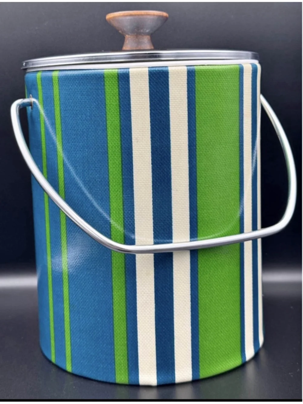 Vintage MCM Striped Vinyl Ice Bucket Blue Green Chrome Lid Wood Knob